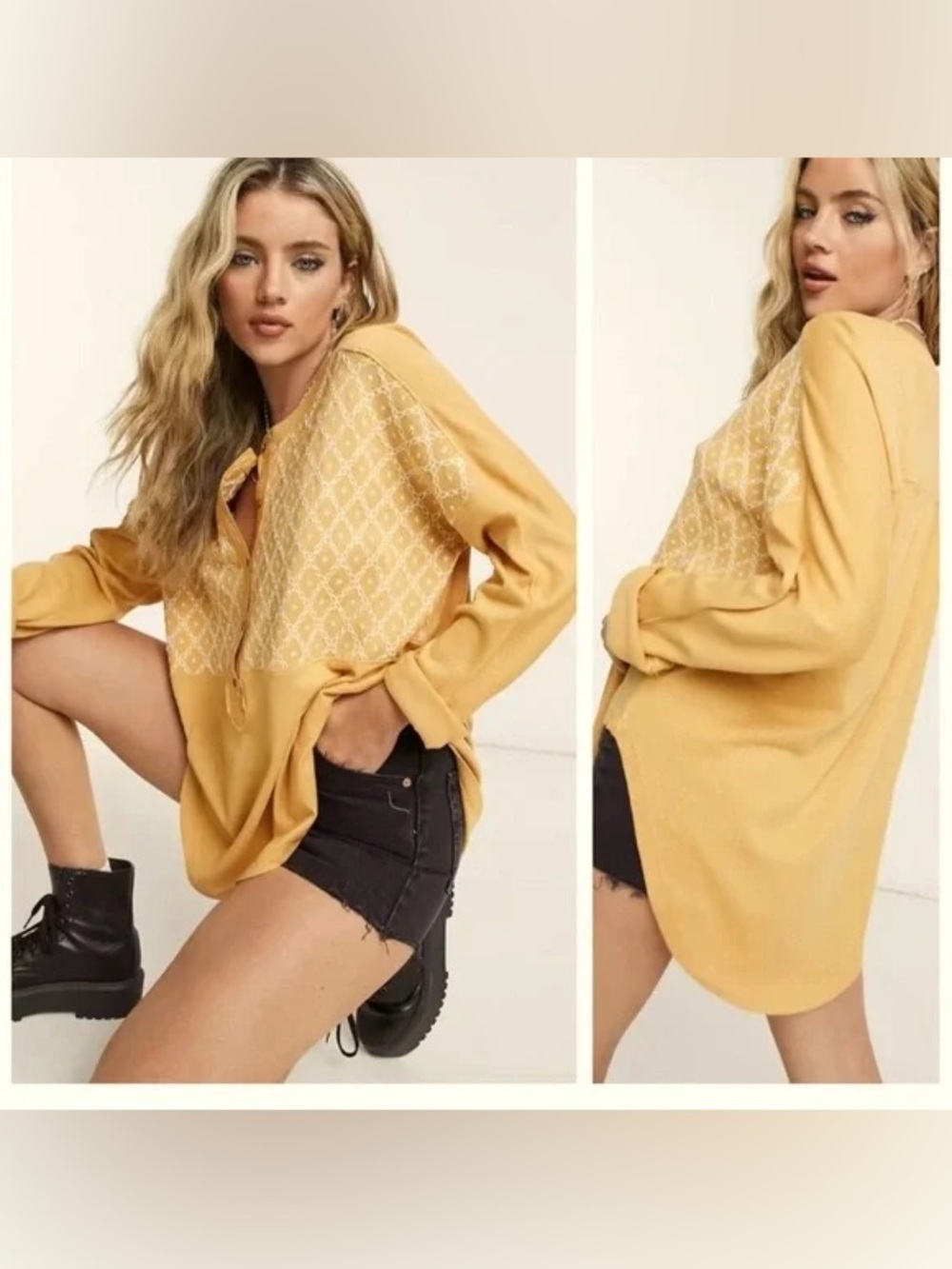 We the Free Free Spirit Henley Yellow Embroidered Pullover Top